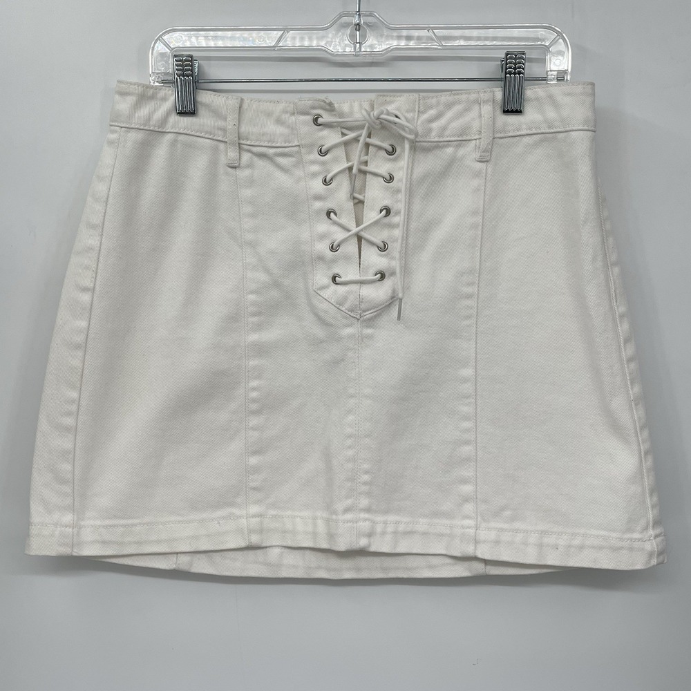 Kendall & Kylie 28 Denim Mini Skirt Womens White Lace Up Front A-Line Cotton